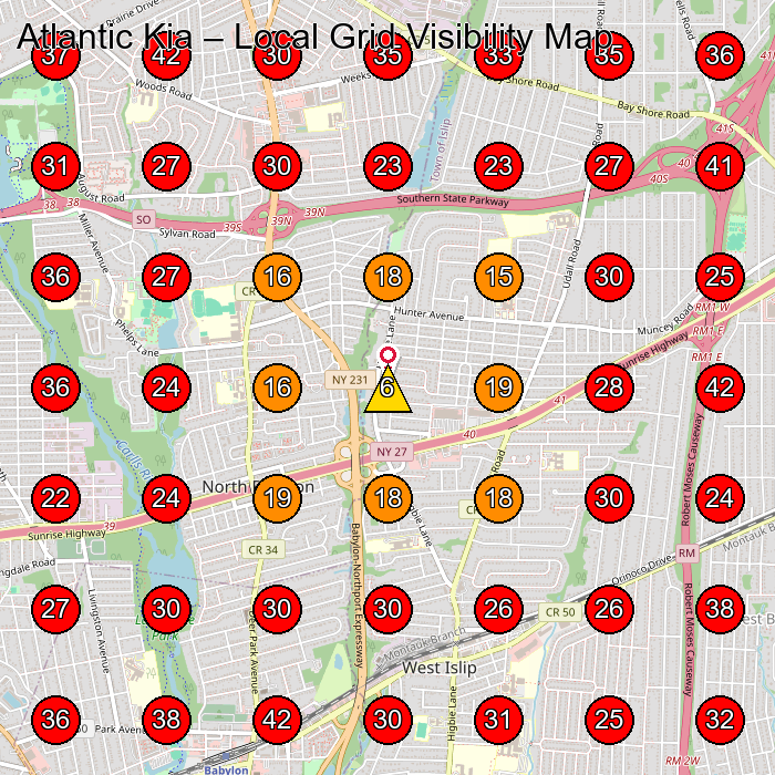Atlantic Kia GeoGrid visibility map for Jeep Dealer in West Islip